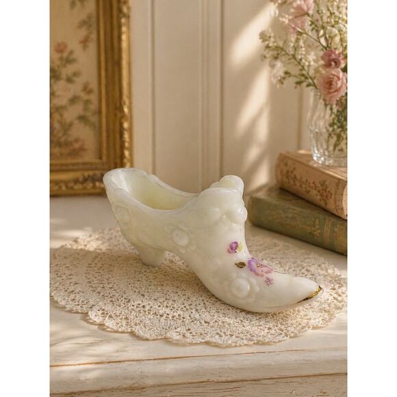 Fenton Other - Fenton White Satin Glass Hand Painted Floral Victorian Shoe Artist Signed
